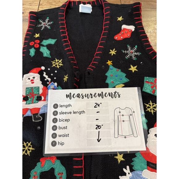 VTG Nutcracker Black Christmas Sweater Vest Buttoned Size Large Santa Candy Cane - Picture 9 of 10